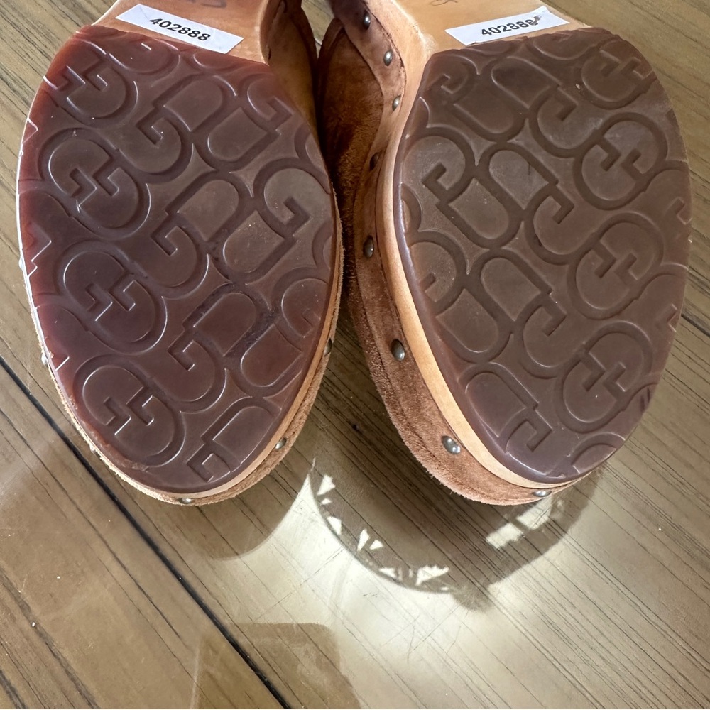 UGG Abbie Woodhills Sheep Skin Suede Wood Heels Rubber Soles Clog Mules Platform - Picture 6 of 14